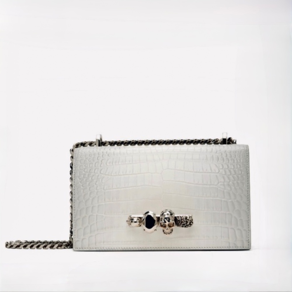 Alexander Mcqueen Ivory Grey Croc Embossed Shoulder Bag New With Tags